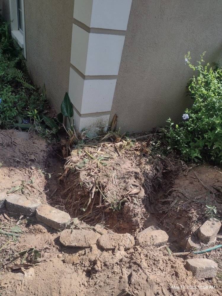 Trailer filled with yard waste, parked in front of a tan house.