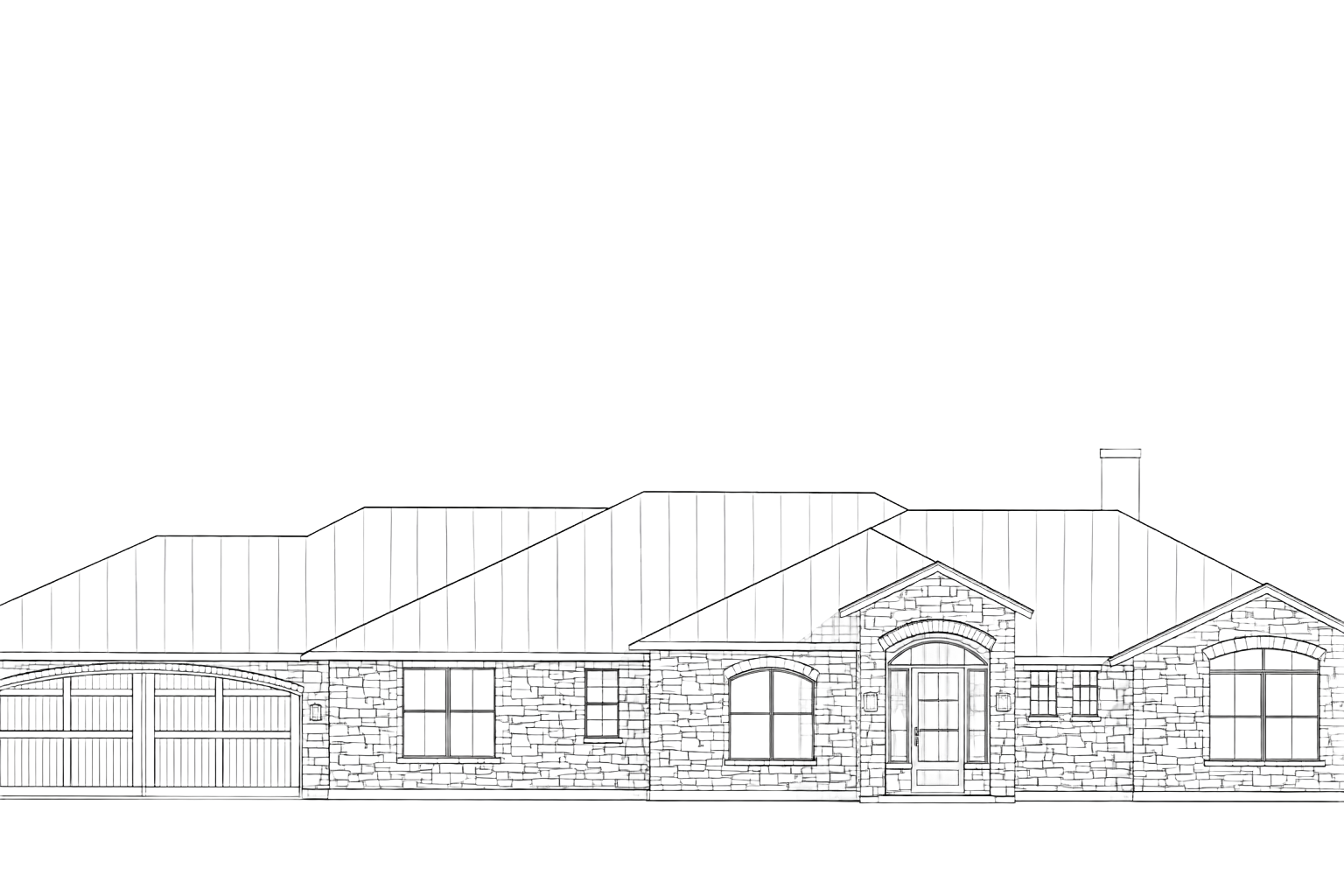 Sketch of a single-story house with a stone facade, a garage, and a pitched roof.