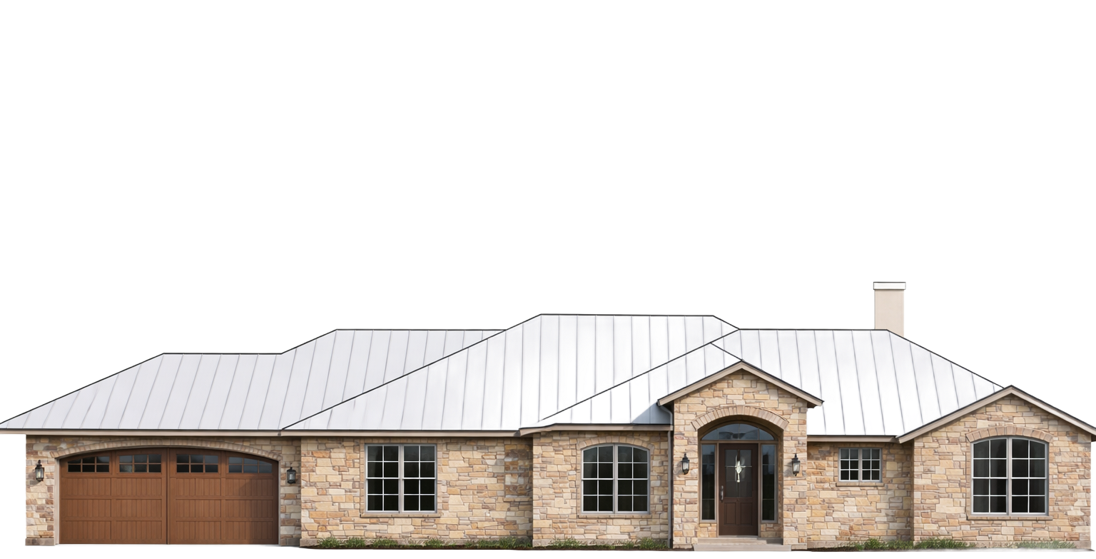 Stone-clad, one-story house with a metal roof. A garage door is on the left; windows and a front door are visible.