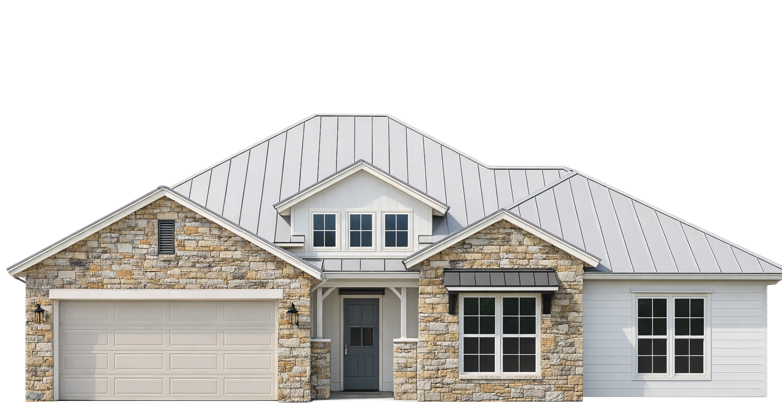 Curb appeal of a modern farmhouse. Stone and white siding, light gray roof and garage door.