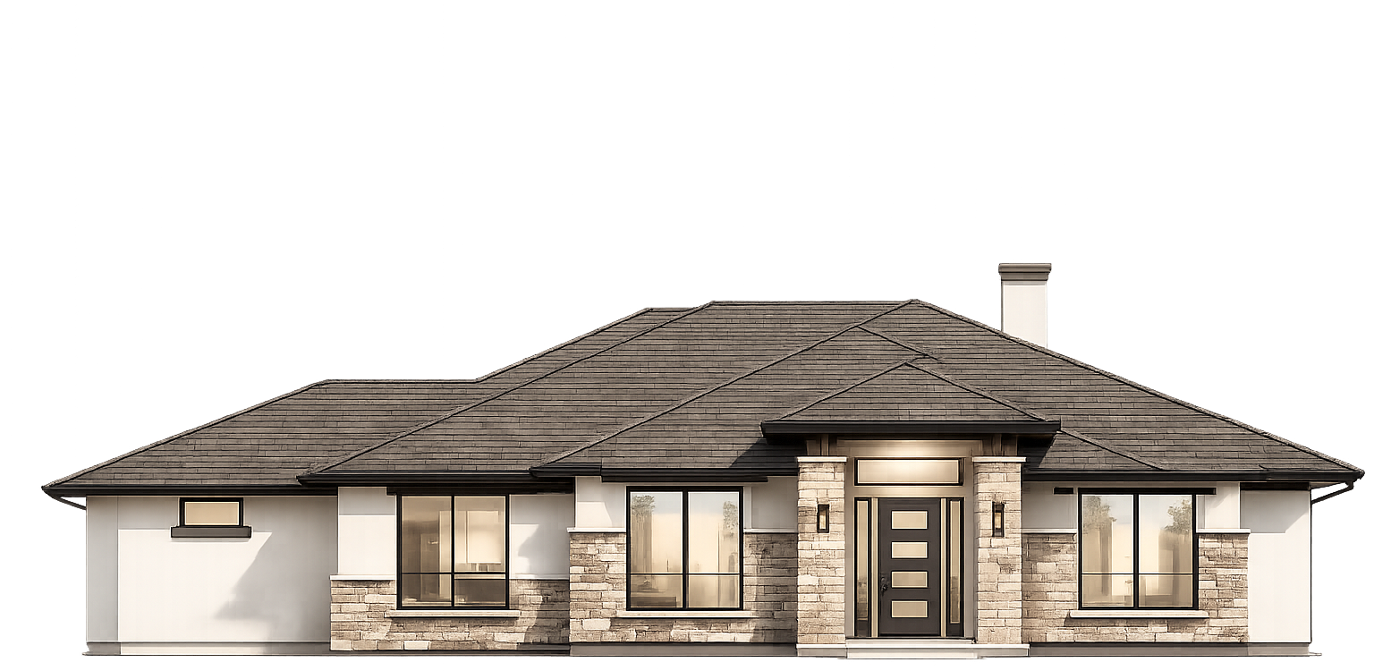 Modern home with stone accents, dark door, and flat roof.