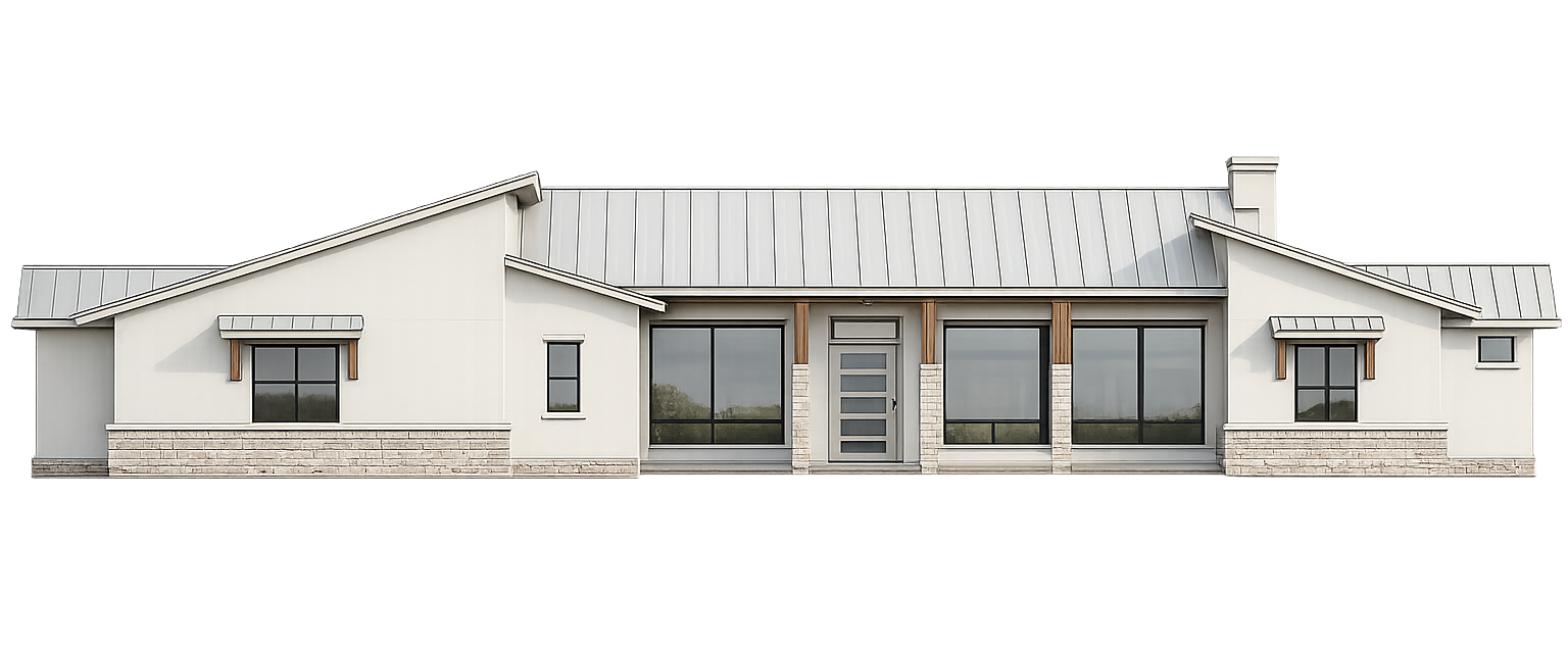 A light-colored modern house with a corrugated metal roof and large glass windows.
