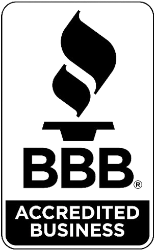BBB Accredited Business logo with black flame icon and bold text on white background