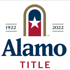 Alamo Title logo with 1922 and 2022, arch emblem in blue, red, and gold