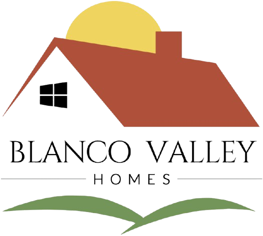 Logo: Red-roofed house with chimney, sun, green hills, 