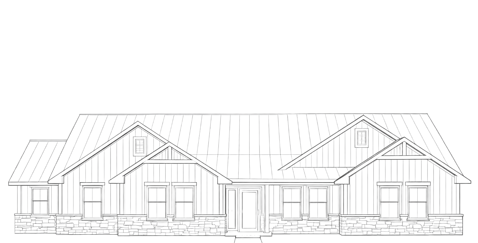 Line drawing of a house with a garage and roof details.