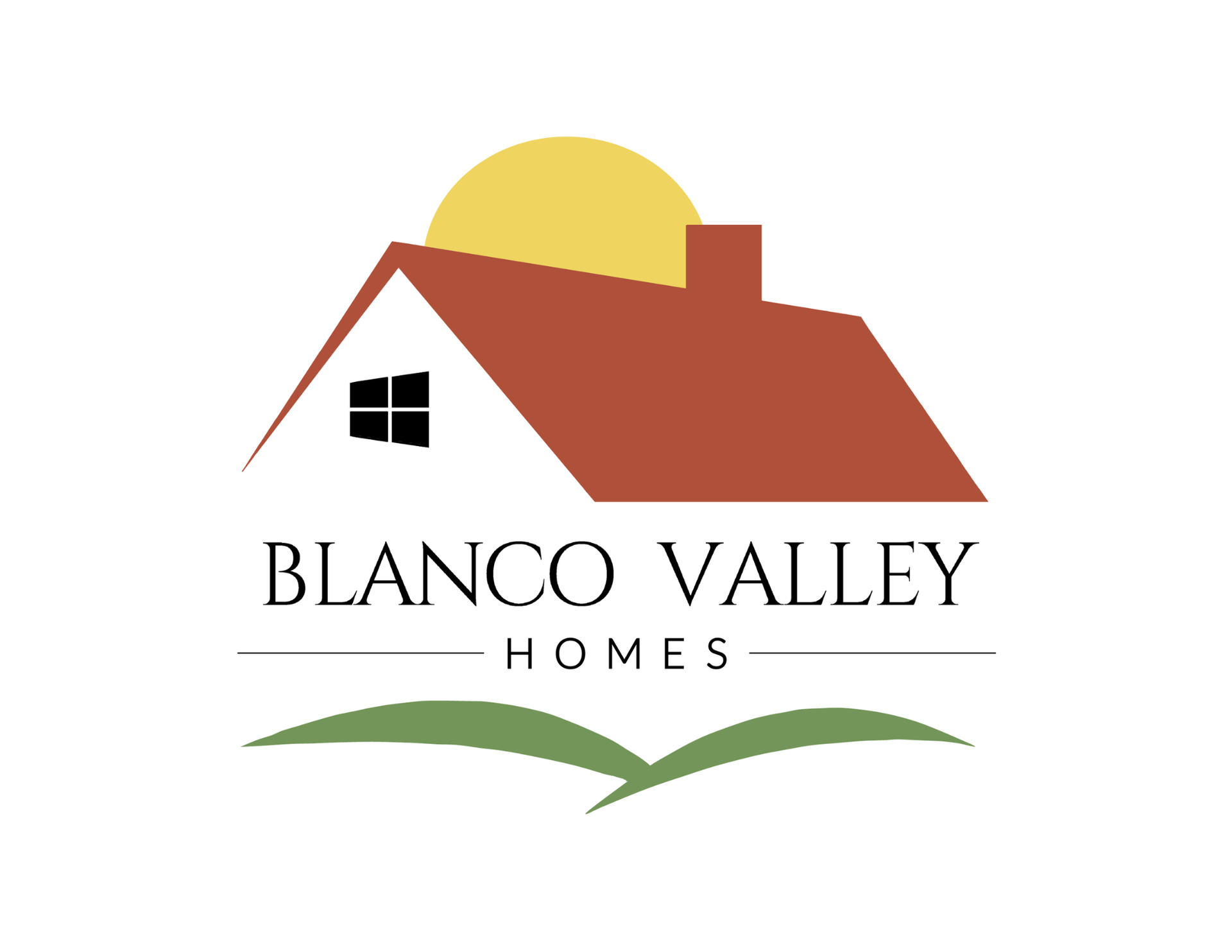 Logo: Red-roofed house with chimney, sun, green hills, 