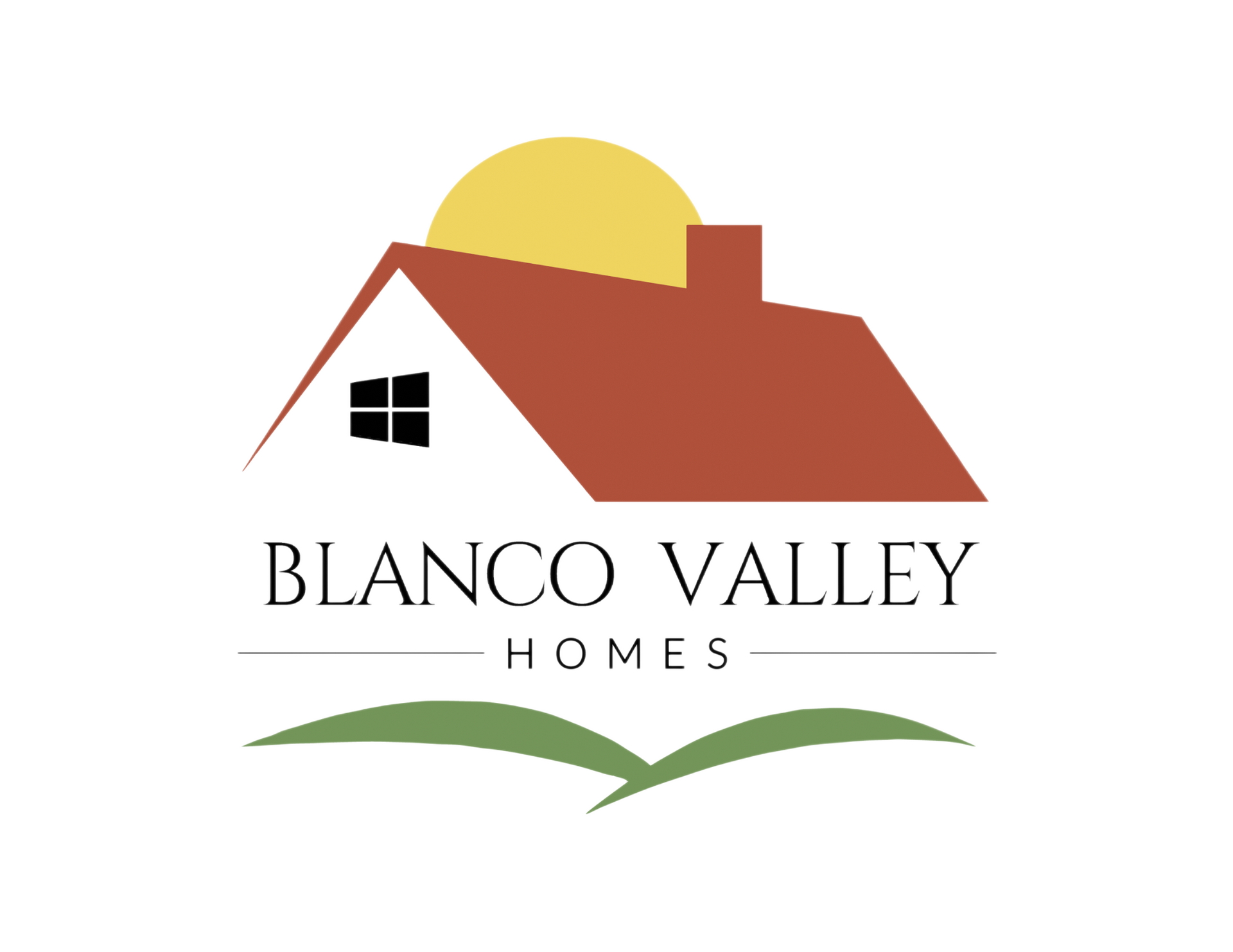 Logo for Blanco Valley Homes: House with sun, hills, and text.