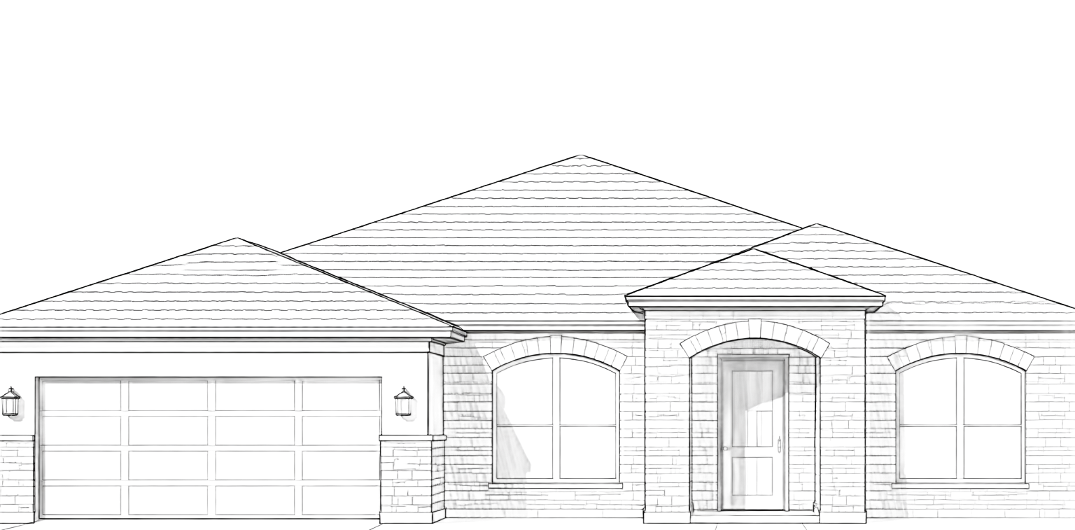 Line drawing of a house with a garage, front door, and windows, under a dotted roof outline.