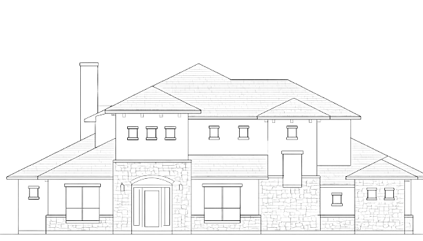Elevation of a modern house, detailed line drawing. Stone facade, multiple roof levels, windows, and chimney.