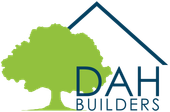 Logo for DAH Builders, featuring a green tree, brown house outline, and brown text.