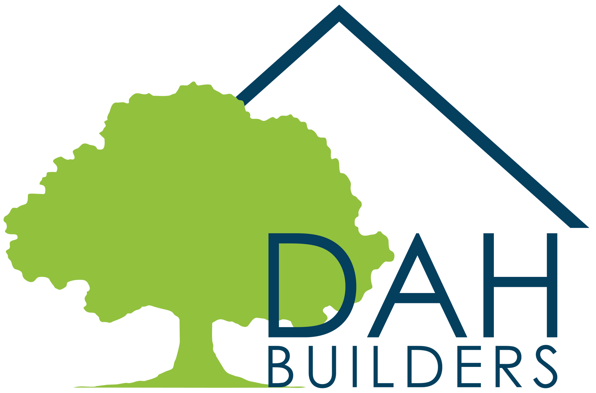 Logo for DAH Builders, featuring a green tree, brown house outline, and brown text.