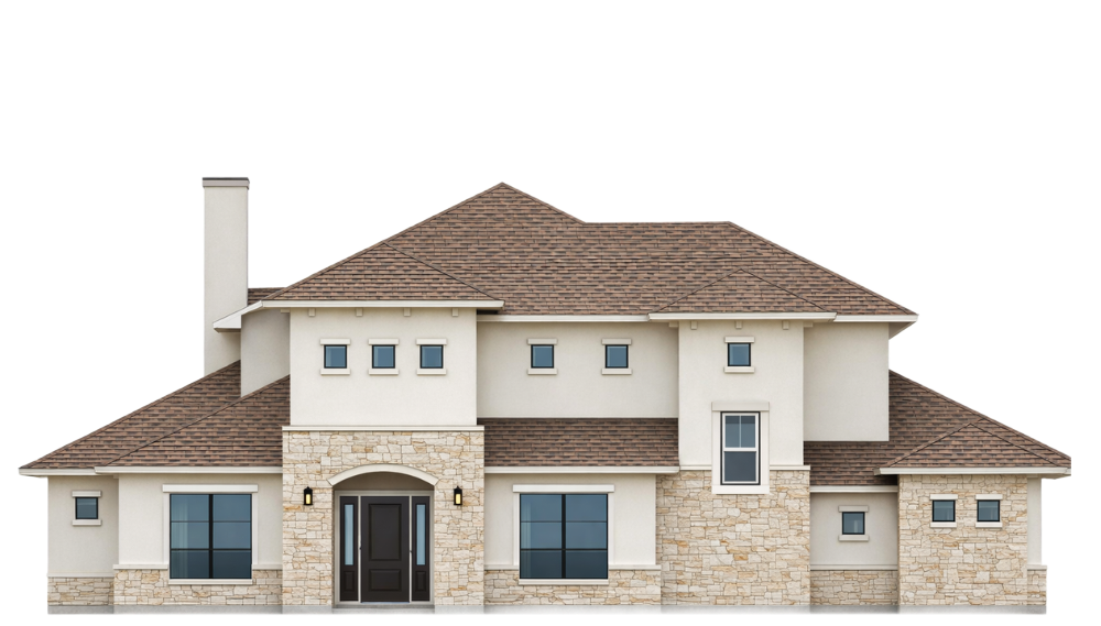Two-story beige house with a stone facade, brown roof, and multiple windows.
