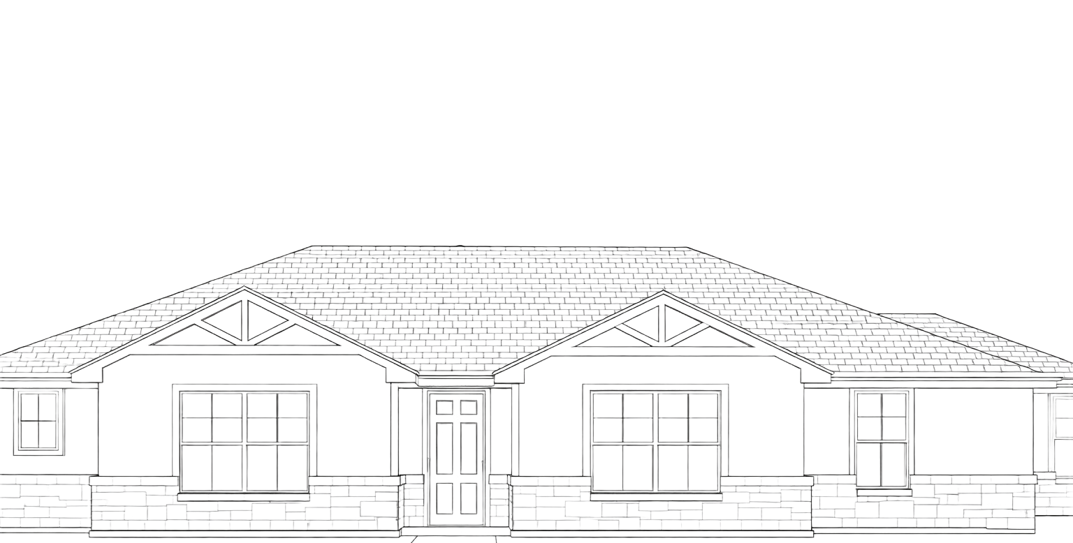 Dotted lines outline the roof of a one-story house with a flat roof and multiple windows.