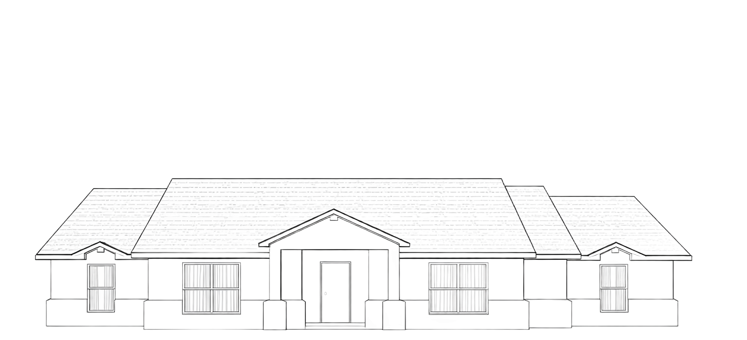 Line drawing of a house with a garage, front door, and gabled roof.