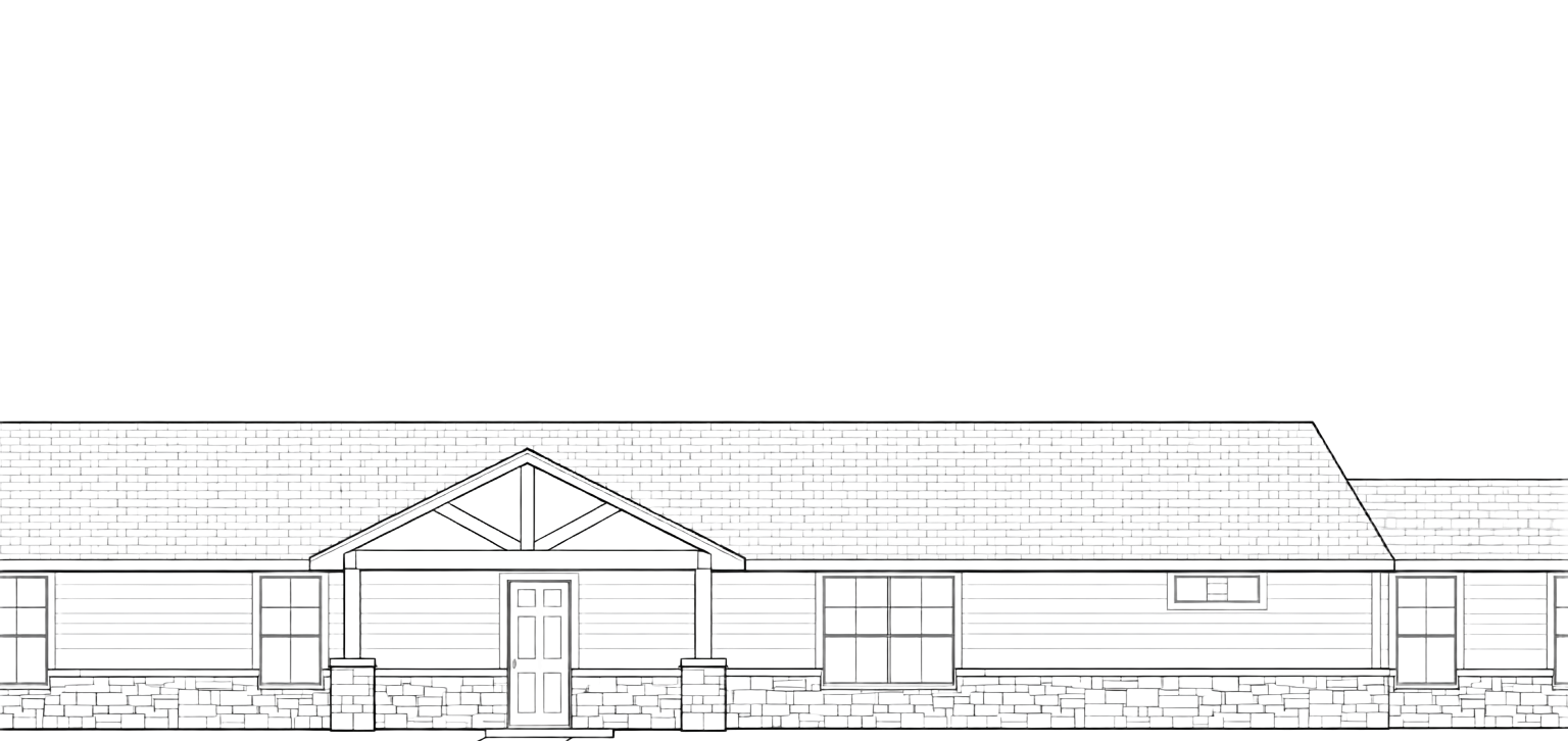 Architectural drawing of a single-story building with a gable roof and a front porch.