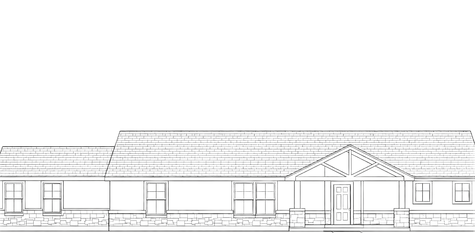 Architectural drawing of a building with a gabled entrance and multiple windows.