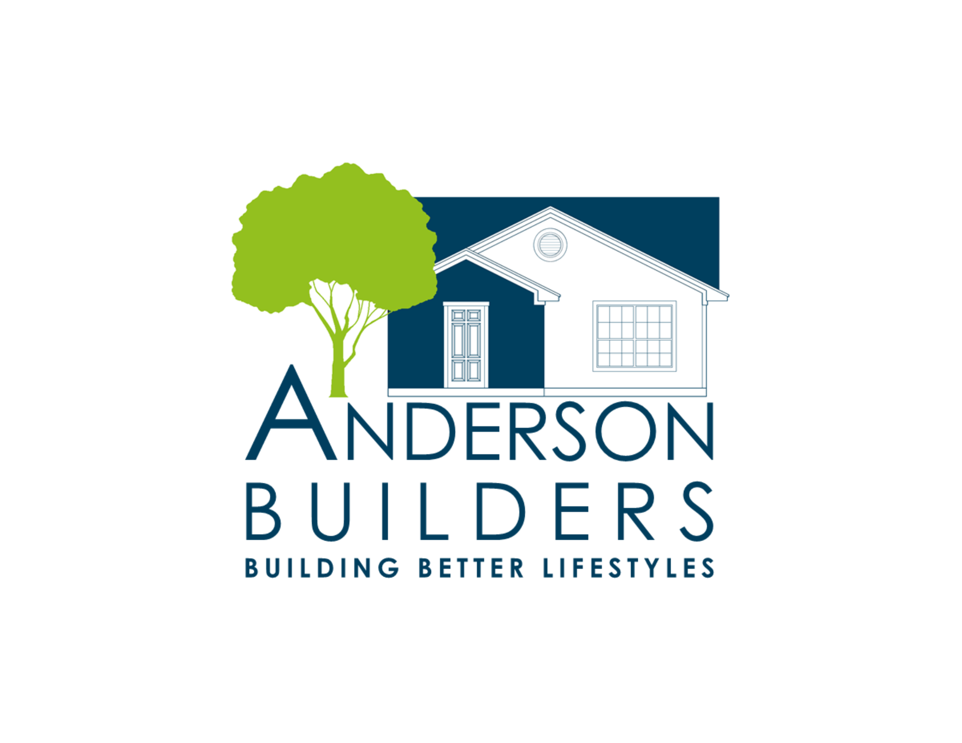 Anderson Builders logo: house outline, tree graphic, blue and white color scheme. 
