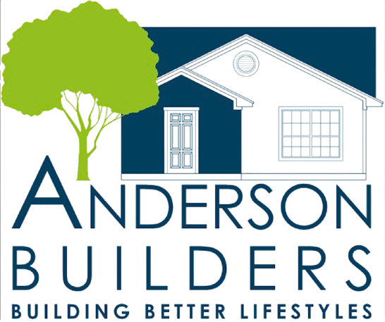 Anderson Builders logo: house outline, tree graphic, blue and white color scheme. 