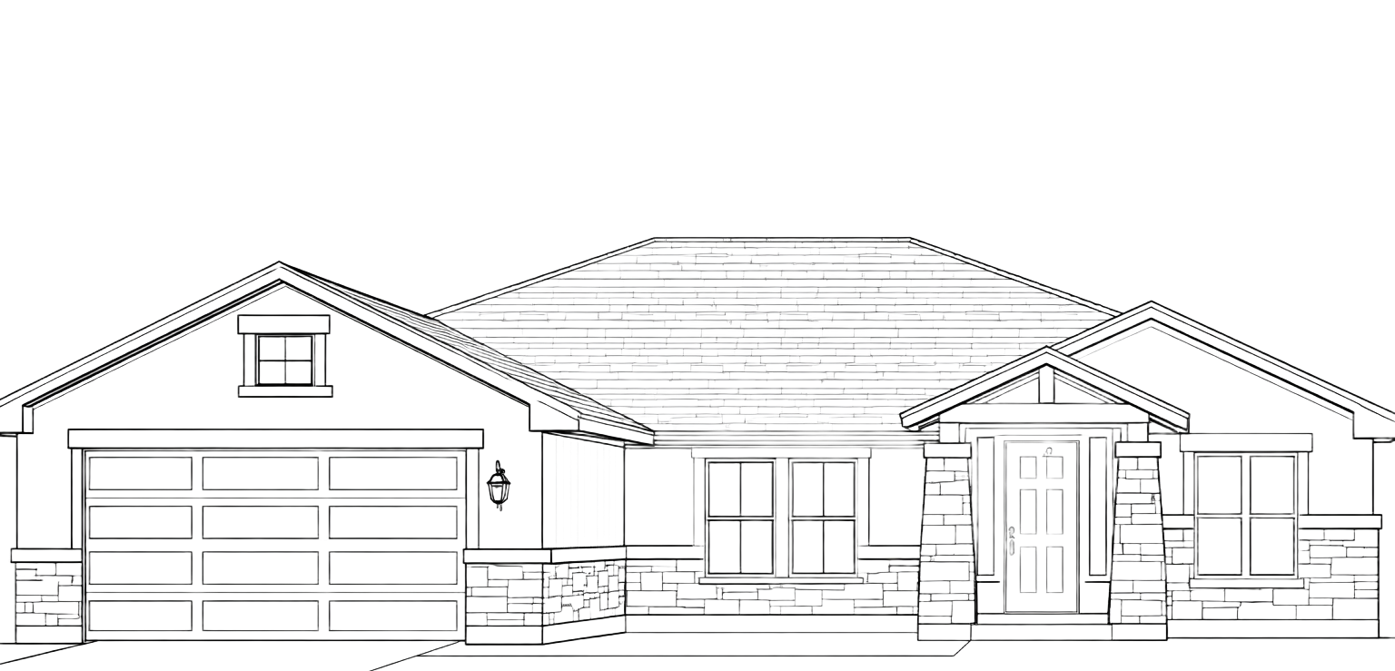 Architectural drawing of a house with a garage, front door, and windows.