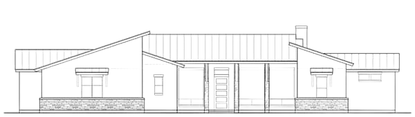 Architectural line drawing of a one-story house with a flat roof, porch, and a chimney.