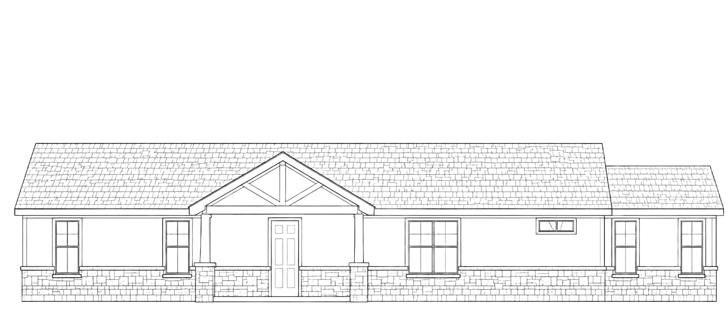 Architectural drawing of a building with a gabled entrance and multiple windows.