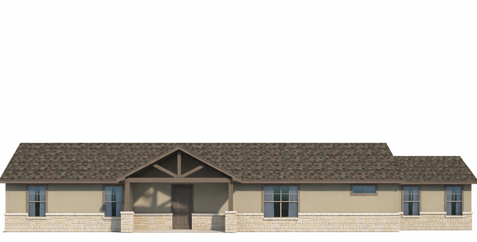 A light gray house with a dark gray roof, white trim, and a small porch.