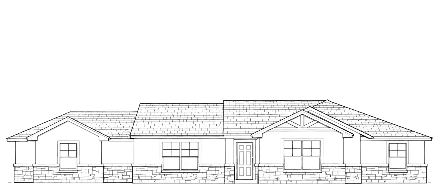 Black and white line drawing of a house with a stone base and multiple gabled roofs.