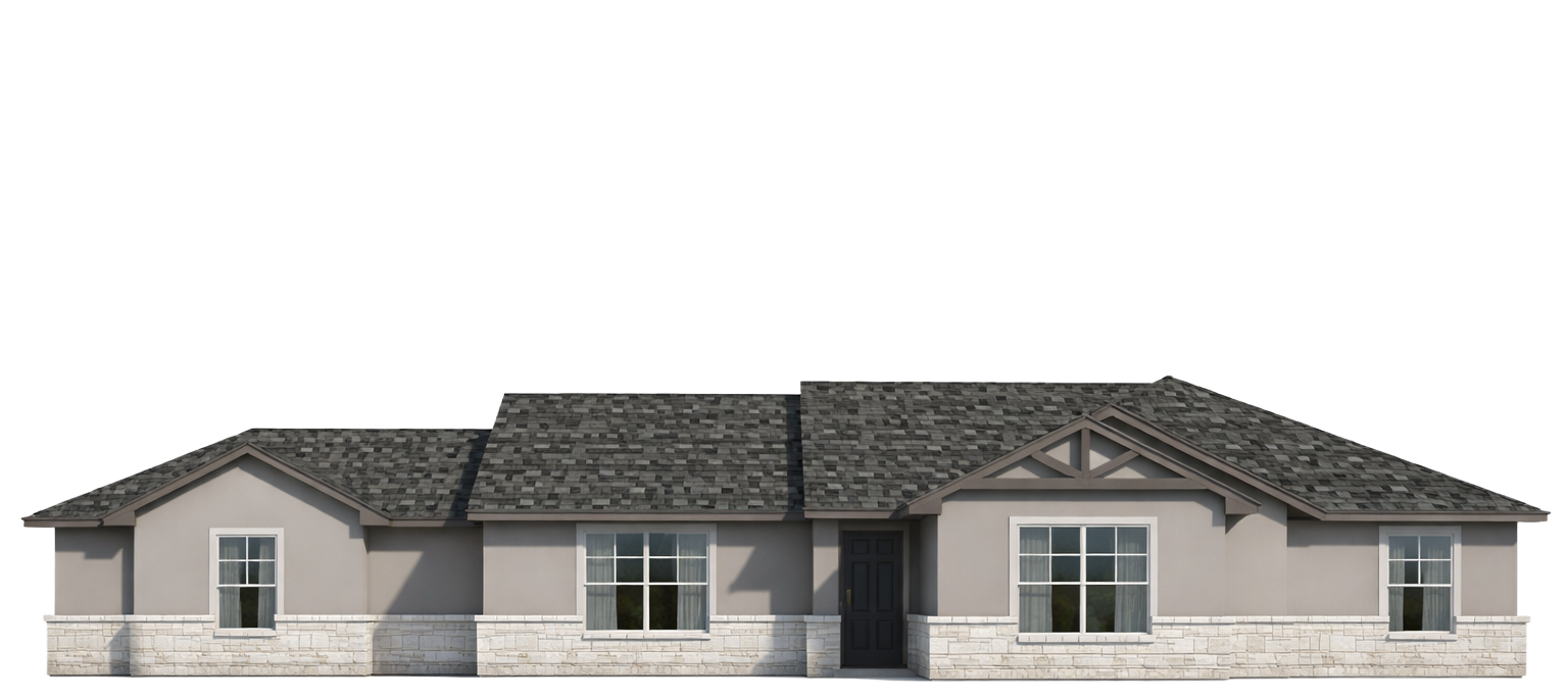 Front view of a single-story house with gray roof, light-colored walls, and stone accents.