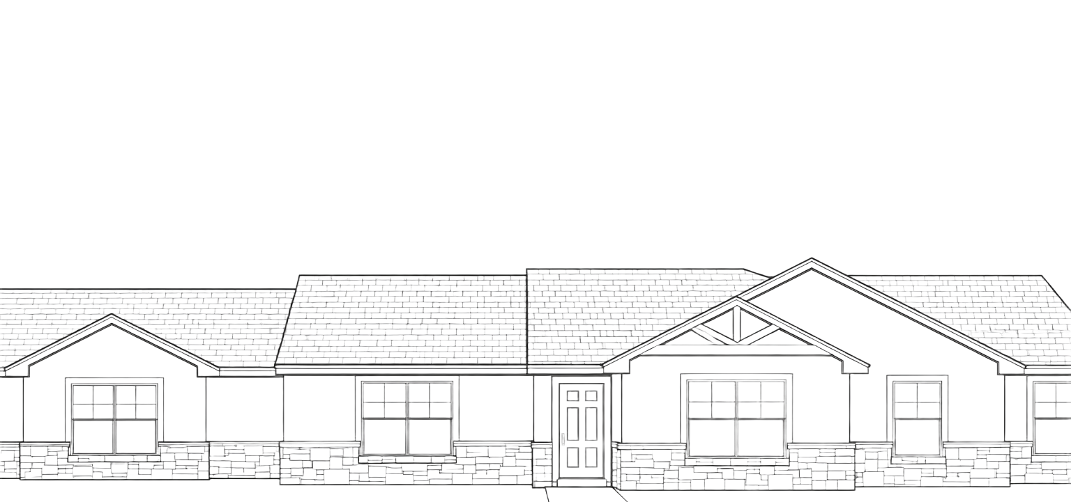 Line drawing of a house with windows, a front door, and a stone facade.