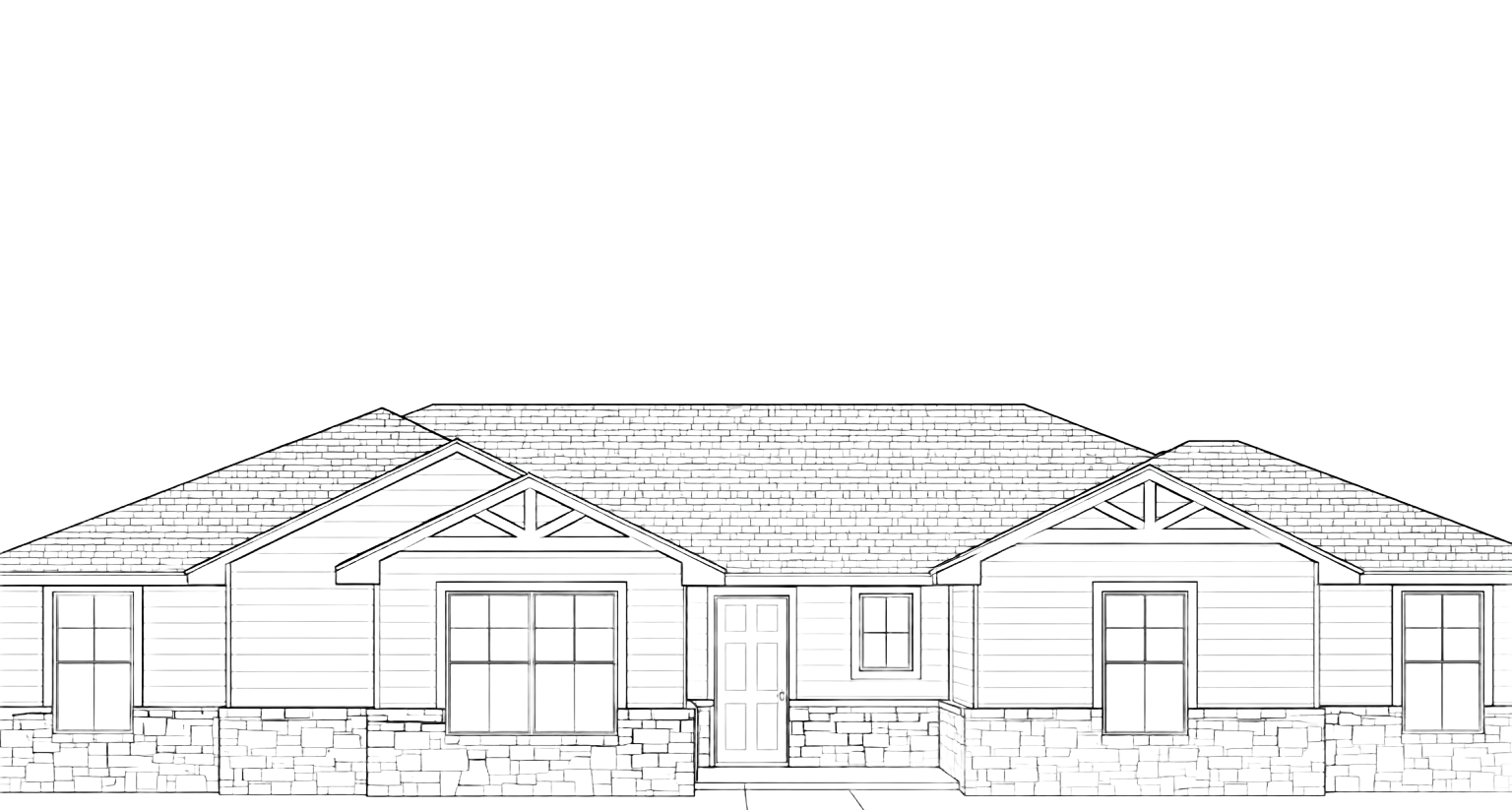Line drawing of a single-story house with a stone facade and multiple gabled sections.