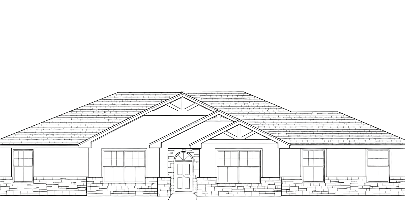 Line drawing of a house, featuring rooflines, windows, and front door.