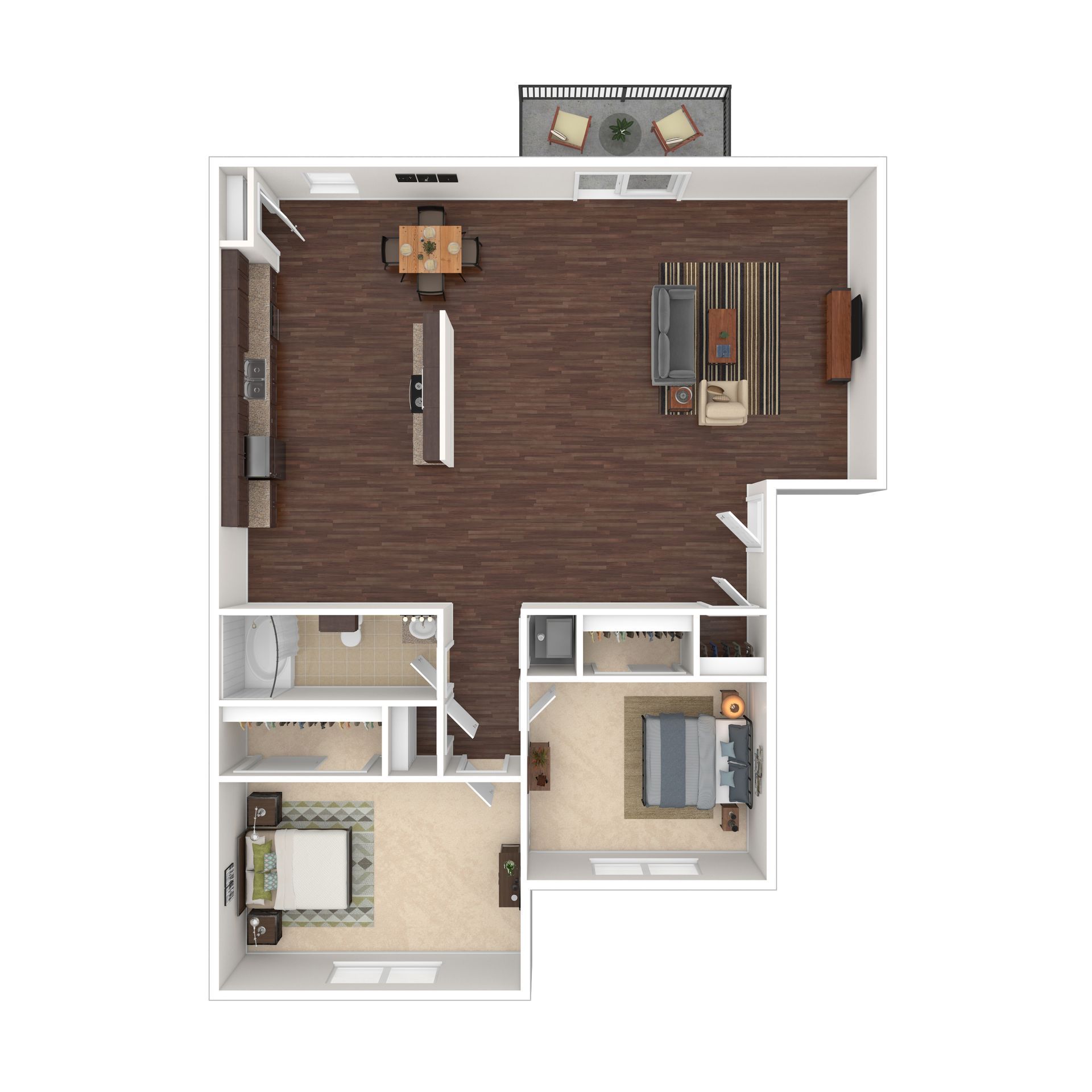 Floor plan of a one-bedroom apartment with a kitchen, living room, balcony, and a bedroom.