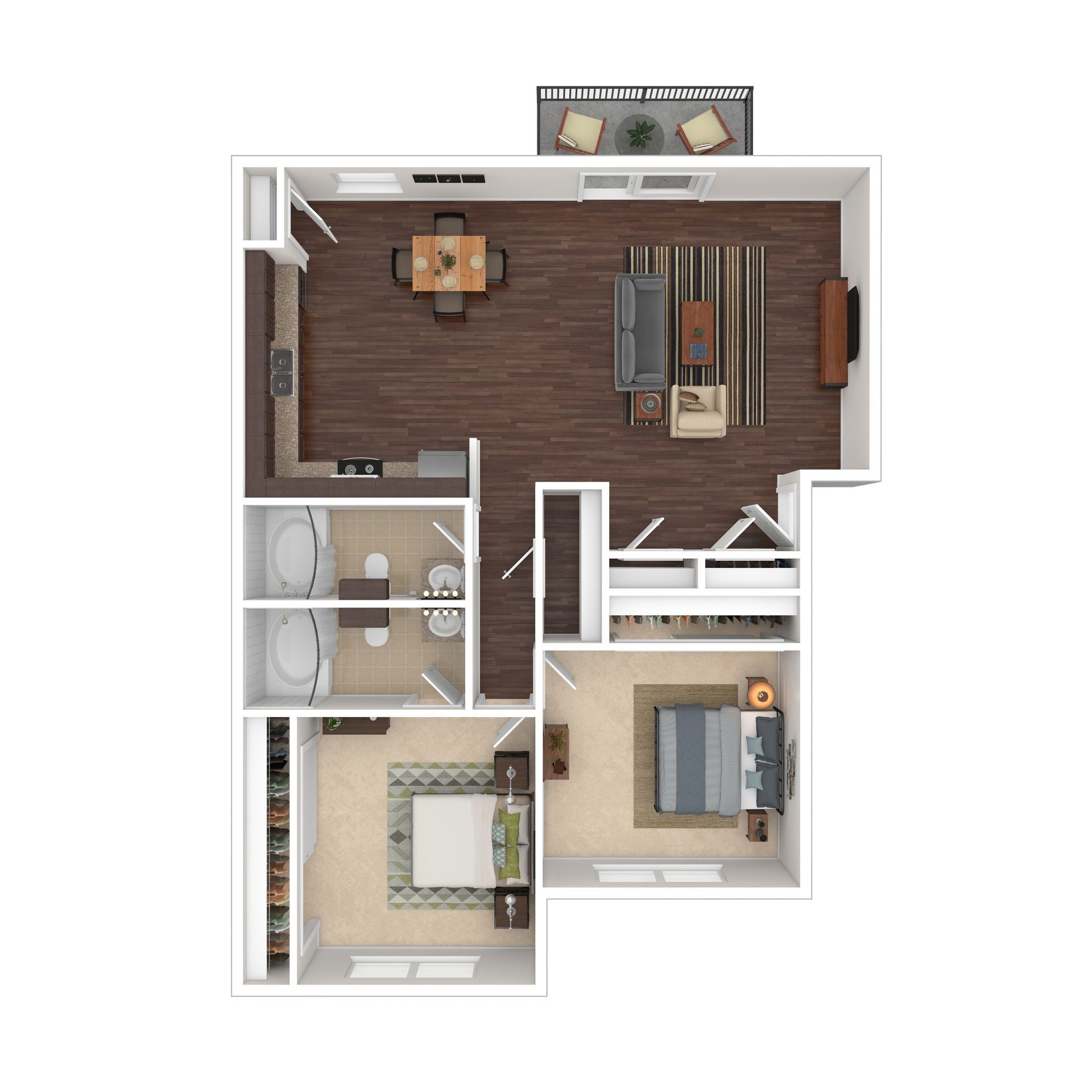 Floor plan of a two-bedroom apartment with a living room, dining area, kitchen, two bathrooms, and a balcony.