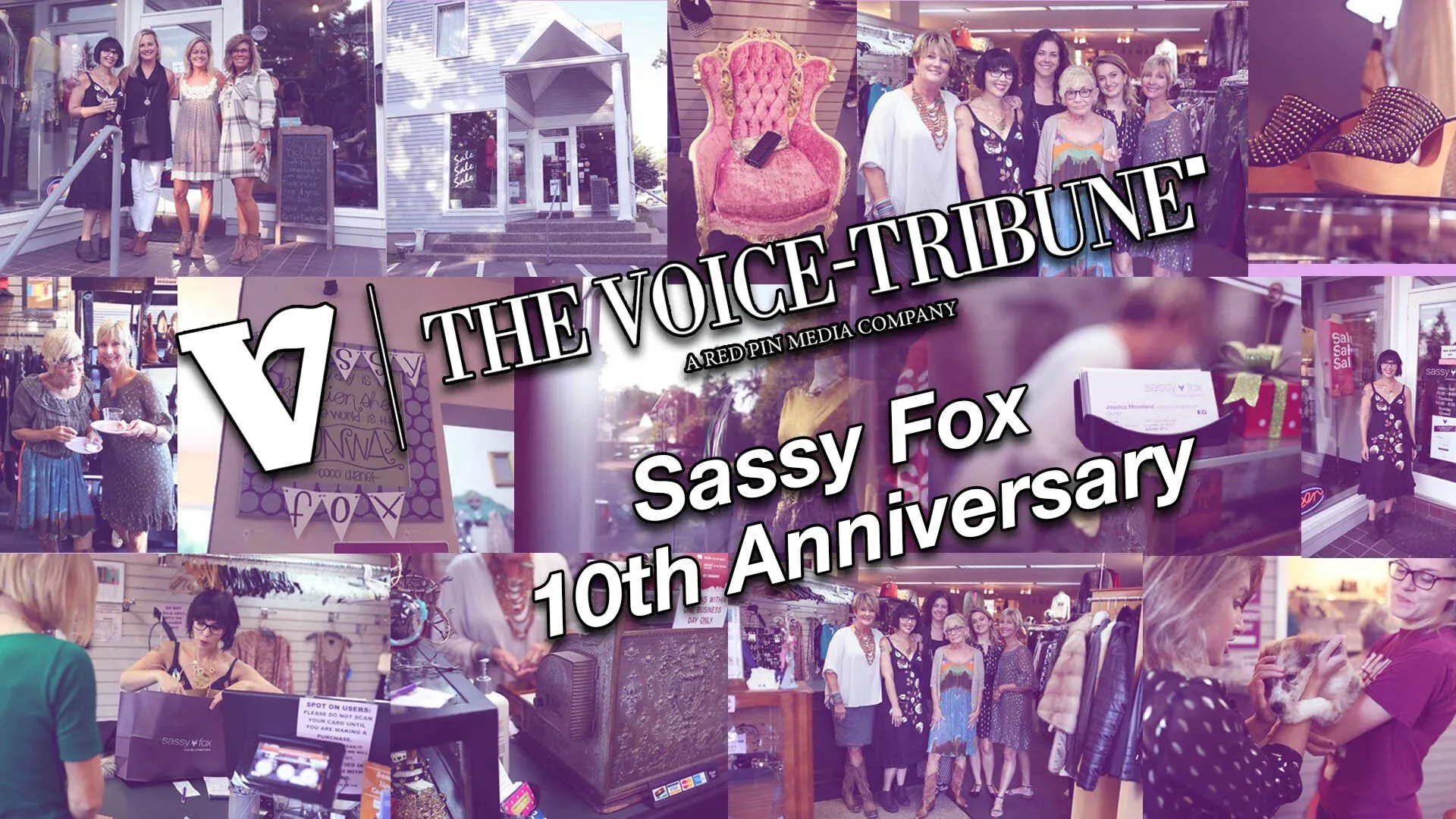 Collage: Sassy Fox 10th Anniversary celebration. Crowds, fashion, store exteriors, with 