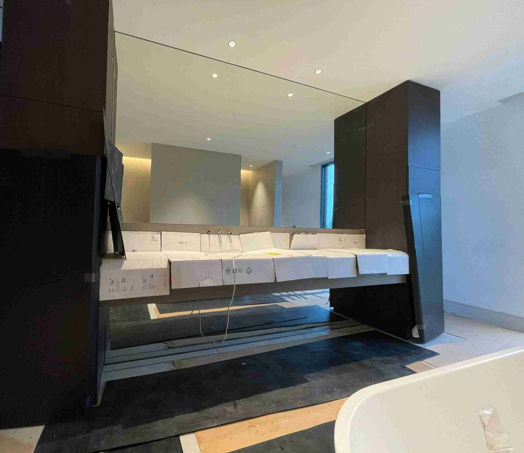 A Bathroom With Two Sinks and a Large Mirror — Tuggerah Lakes Glass In Tumbi Umbi, NSW