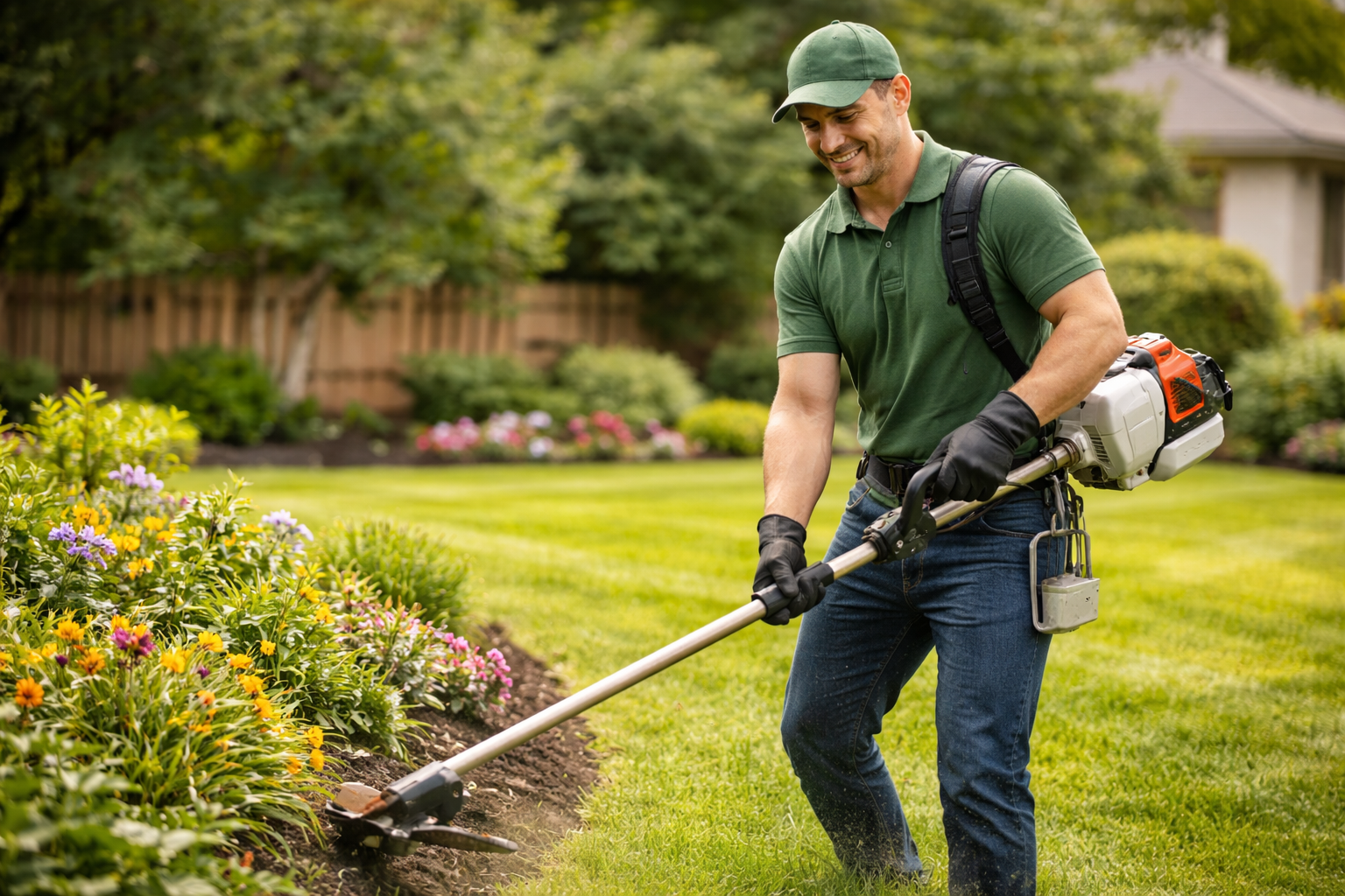 A person in a green uniform uses a string trimmer to edge a garden bed along a lawn on a sunny day.