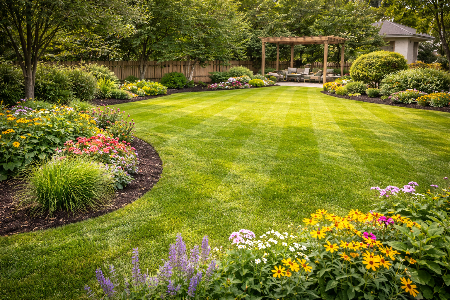 A well-manicured lawn with striped grass, surrounded by colorful flower beds leading to a wooden pergola in the background.