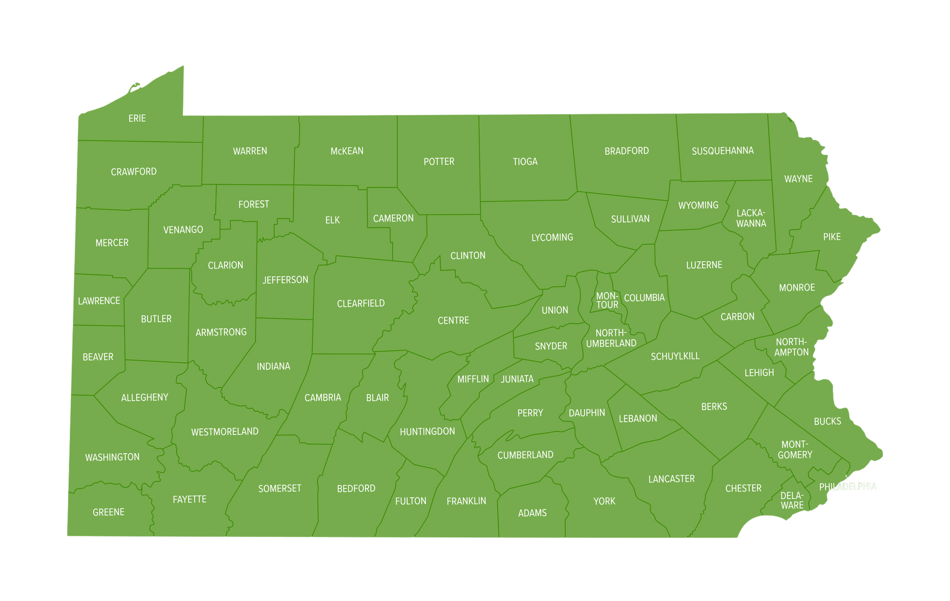 A solid green, outlined map of Pennsylvania, showing its sixty-seven individual county borders.