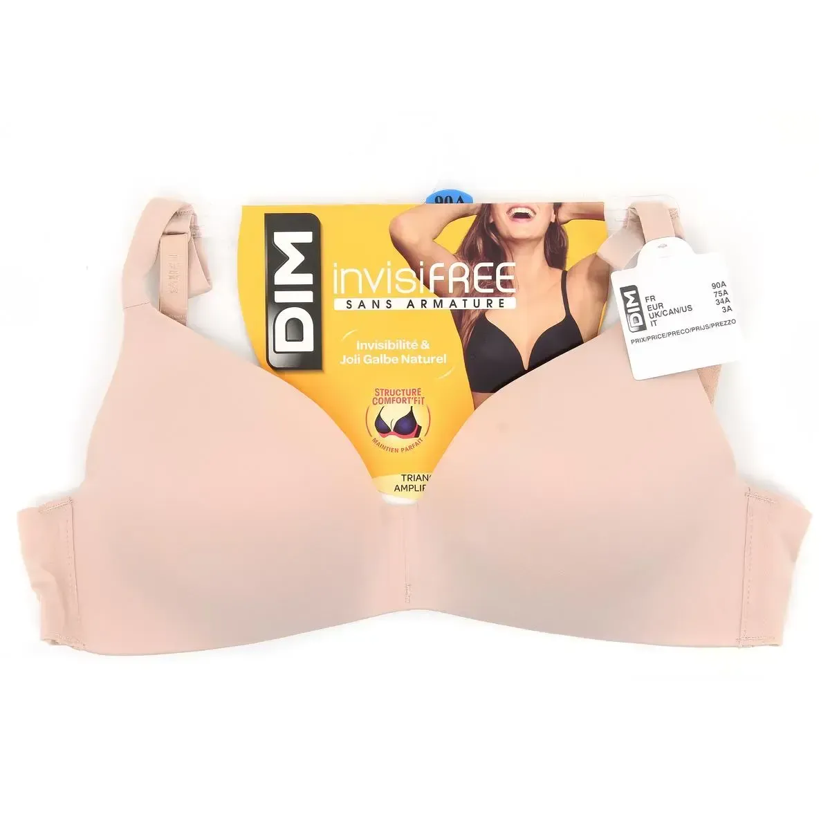 Un reggiseno DIM InvisiFree beige con un'etichetta prodotto che raffigura una modella che indossa lo stesso reggiseno in nero, su sfondo bianco.