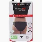 Confezione delle mutandine mestruali Lovable, che mostra il prodotto in nero con tre icone a forma di goccia di sangue, a indicare l'assorbenza.