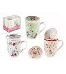 Tazze da tè in ceramica con decorazioni floreali, coperchi coordinati e infusore per il tè incorporato, presentate singolarmente e in set regalo.
