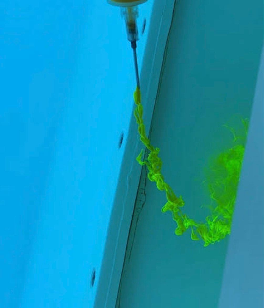 Person in work clothes climbs a pool ladder in a partially drained pool, bucket and tools nearby.
