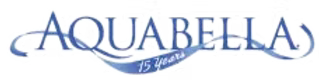 Aquabella logo with text and stylized ribbon,