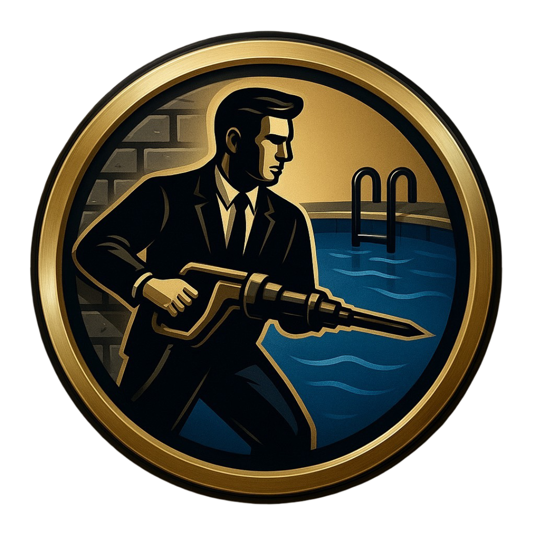 Man in suit welding with a golden torch, surrounded by a golden circular border.