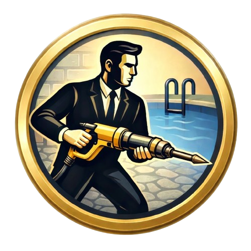 Man in a suit using a jackhammer by a pool. Golden circle frame.