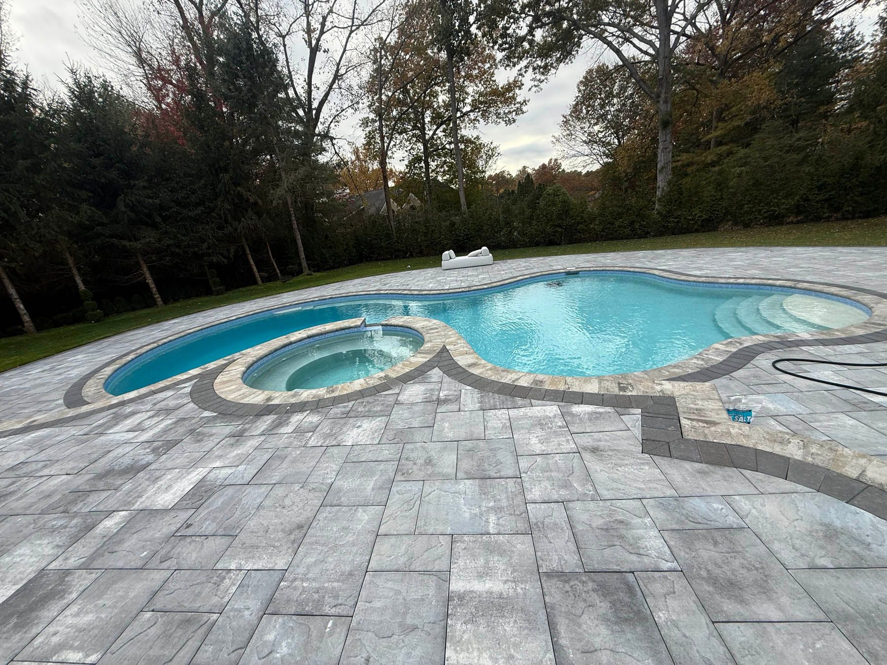 Backyard swimming pool with stone patio, surrounded by trees.