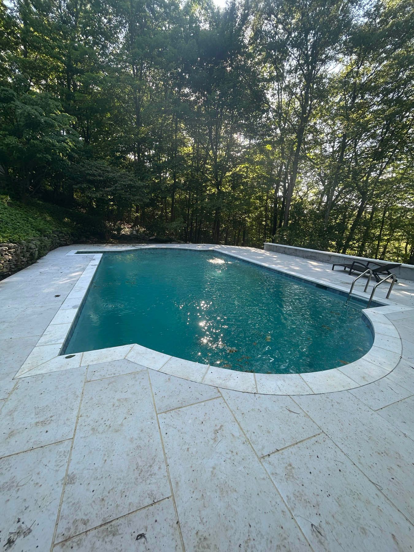 Swimming pool with light-colored stone surround. Trees in the background.