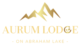 The logo for aurum lodge on abraham lake is a gold mountain.