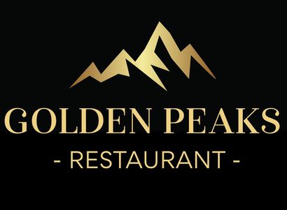 A golden peaks restaurant logo with a mountain on it